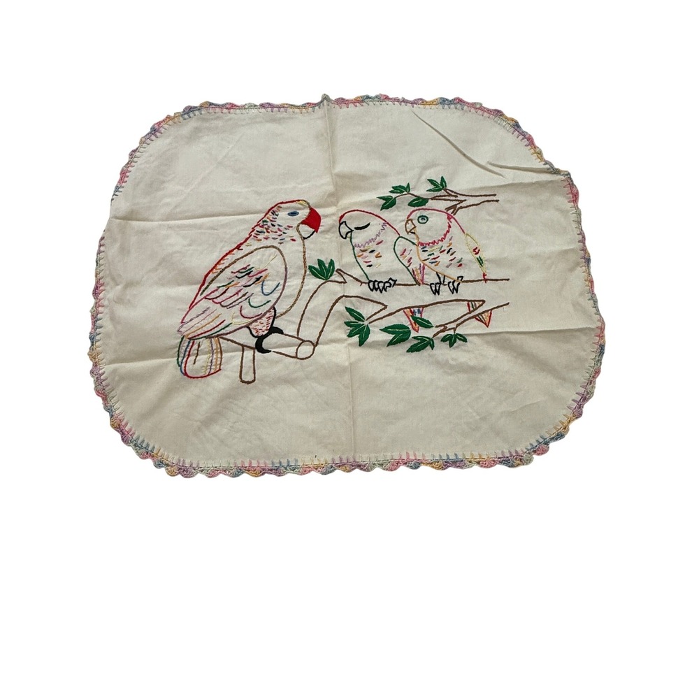 Vintage Hand Embroidered Parakeet Doily DresserScarf Crocheted Edge Cottagecore‎